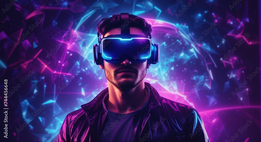 Western man wearing a virtual reality headset in mystical world, glowing neon hologram background Western man wearing a virtual reality headset in mystical world, glowing neon hologram background