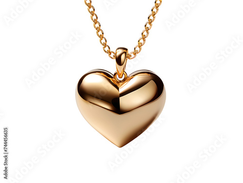 Gold Heart Shaped Pendant Necklace Isolated on Transparent Background. Love Pendant