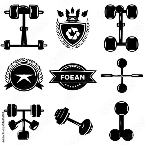 Set of gym emblems labels badges logos equipment's vectors