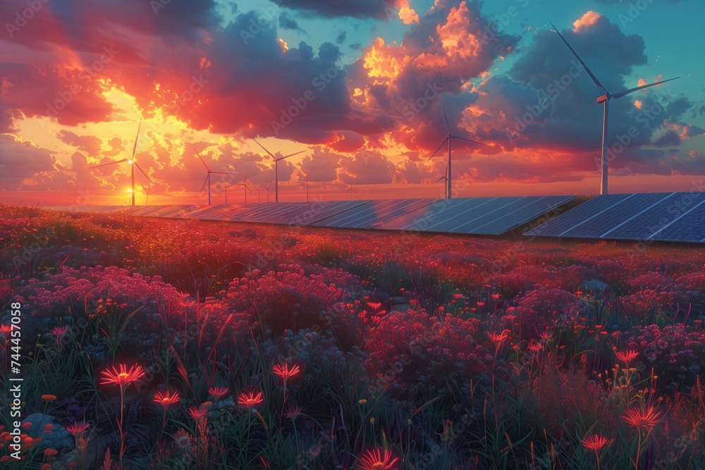 A natural landscape with fields of flowers, windmills, and solar panels under the colorful afterglow of the sunset sky, with clouds scattered across the atmosphere - obrazy, fototapety, plakaty 