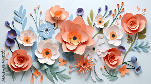 spring floral composition with paper cut flowers beautiful design on white background
