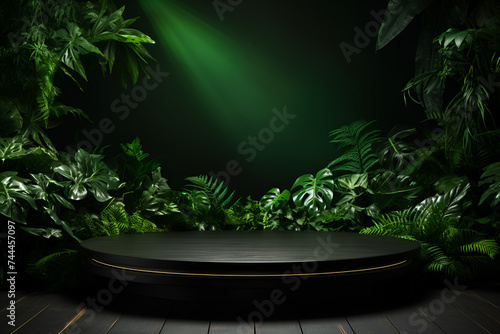 Black product display podium smoke dark and green  Black stone podium on dark background for product advertising. Stone platform  podium with gold  steam or smoke  Generative Ai 
