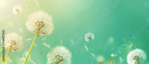 White dandelions dispersing seeds on a vibrant green background.