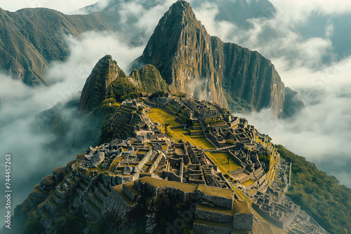 Machu Picchu Inca ancient civilization ruins in Peru, aerial view scenic picturesque photo