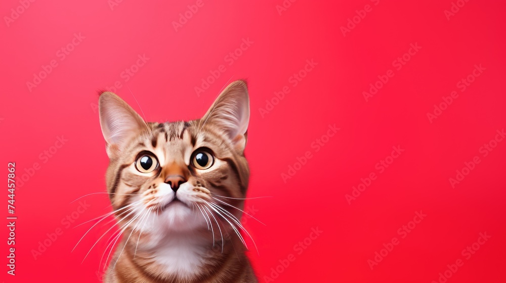 A close-up of a cat's head with a surprised muzzle and wide-open eyes on a red background. Funny cat. A close-up of a cat's head with a surprised muzzle and wide-open eyes on a red background. Funny cat.