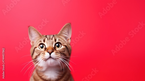 A close-up of a cat's head with a surprised muzzle and wide-open eyes on a red background. Funny cat.