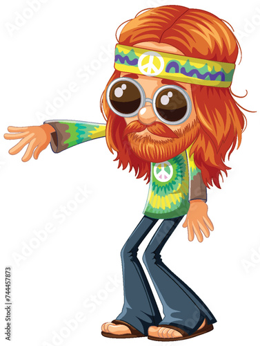 Cartoon hippie with beard, sunglasses, and peace sign.