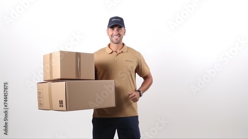 man in work clothes on the background of cardboard boxes and holding a box on a white background © Yulya