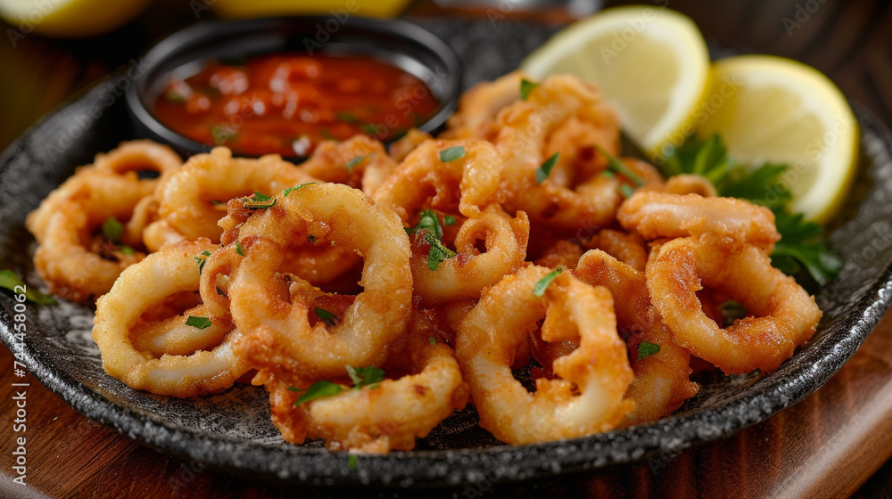 A tantalizing platter of crispy calamari, served with a side of tangy marinara sauce and fresh lemon wedges.