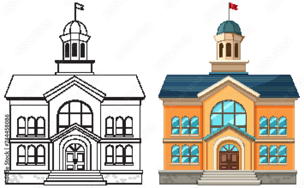 Two vector illustrations of stylized civic buildings