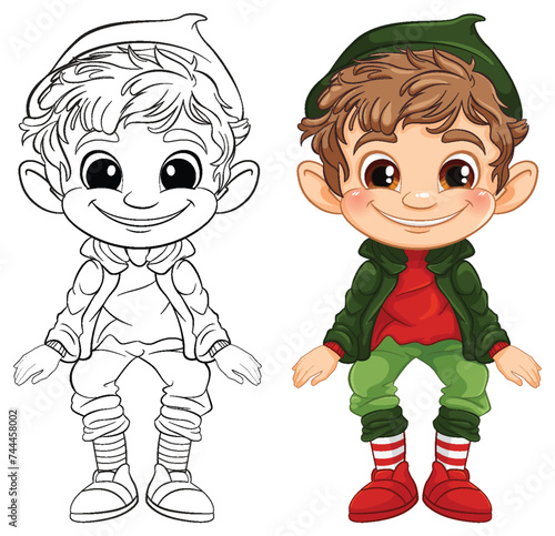 Colorful and line art elf illustrations side by side.