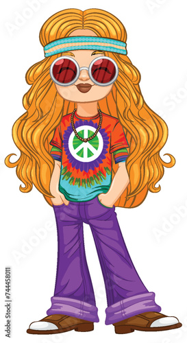 Colorful retro hippie girl in vintage fashion.