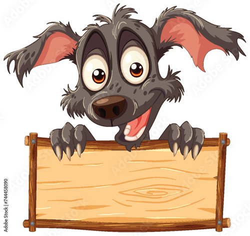 Cartoon dog peeking over a blank wooden sign.