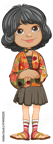 Smiling cartoon girl with colorful clothing and bag.