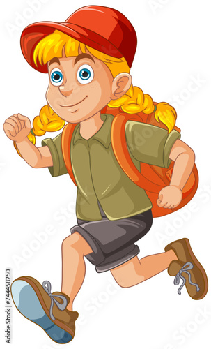 Cartoon girl running with a backpack and cap.