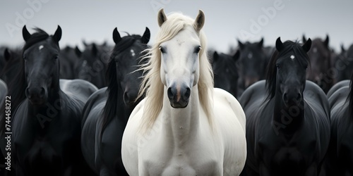 White horse stands out amongst a group of black horses outdoors. Concept Animal Photography, Unique Moments, Contrast, Nature Scenes, Outdoor Beauty