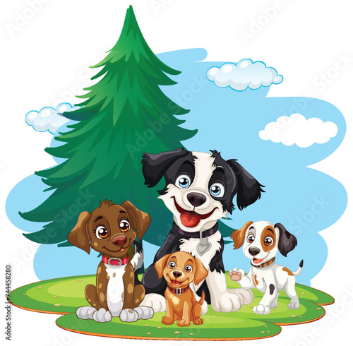 Four cartoon dogs enjoying time together outdoors