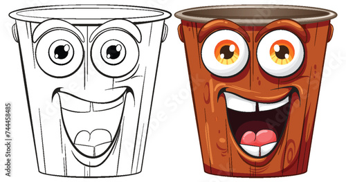 Colorful and outlined trash bins with cheerful faces
