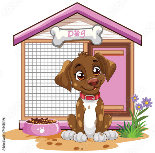A cheerful puppy sitting by its kennel and food bowl.