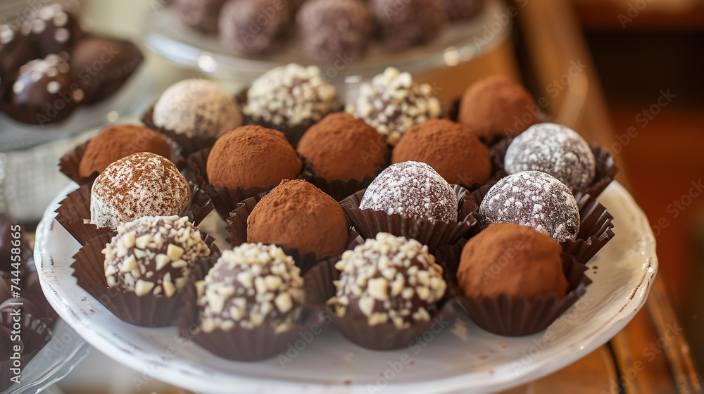 A tempting platter of assorted chocolate truffles, each one dusted with cocoa powder, powdered sugar, or crushed nuts.
