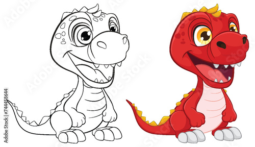 Vector illustration of a dragon, uncolored and colored.