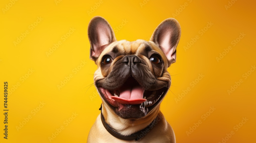 Portrait of a happy, cheerful dog on a yellow background. A pet.