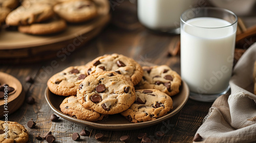 A tempting platter of freshly baked cookies  warm and gooey from the oven  with a tall glass of cold milk on the side.