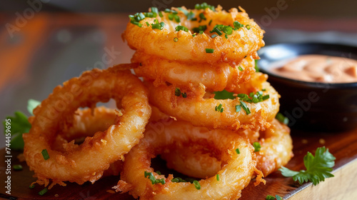 A tempting tower of onion rings, piled high and served with a side of spicy sriracha mayo for dipping. photo