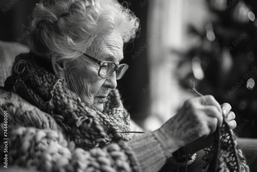 an elderly woman knitting a piece of cloth - obrazy, fototapety, plakaty 