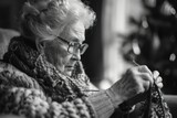 an elderly woman knitting a piece of cloth