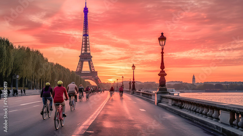 A row of pink bicycles at a docking station in Paris with the iconic Eiffel Tower in the background, under a fiery sunset sky, symbolizing the city's vibrant cycling culture