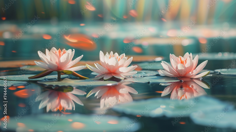 A tranquil scene of water lilies in bloom on a serene pond, their delicate petals creating a stunning reflection on the water's surface. - obrazy, fototapety, plakaty 