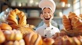Personnage cartoon d'un boulanger souriant, dans sa boulangerie.