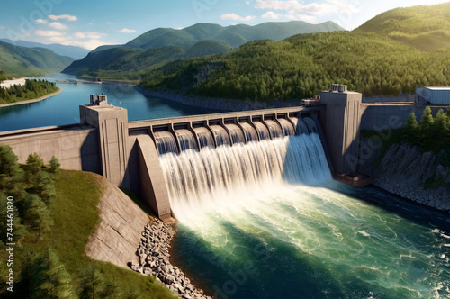 Modern Itaipu Binacional hydroelectric power station in Foz do Iguazu Brazil, border Paraguay. Panoramic view of giant dam on Parana river, South America. Hydro electrification concept. Copy ad space photo