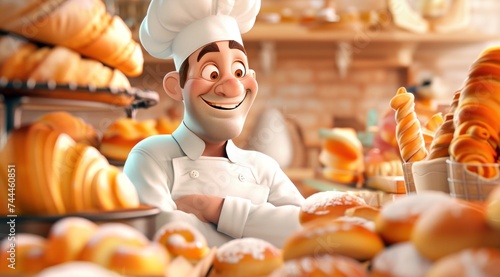 Personnage cartoon d'un boulanger souriant, dans sa boulangerie.