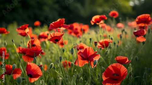 A vibrant field of poppies swaying in the breeze  their scarlet blooms contrasting against the lush greenery.