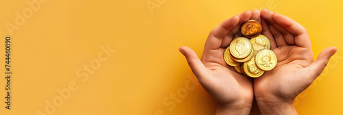 Charity concept with hand being held out for spare change for giving generosity photo