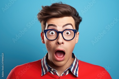 Young guy with a surprised face and open mouth on a blue background © Yulya
