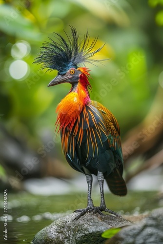 A vibrant, exotic bird stands on a rock in a lush, serene forest.