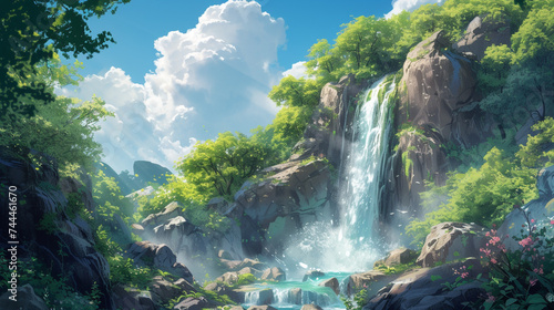 A vibrant image capturing the essence of World Environment Day, with lush green foliage, clear blue skies, and a sparkling waterfall cascading down a rocky cliff.