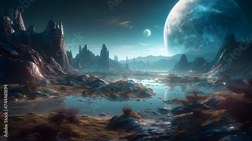  an image of an alien planet with a blue light in it