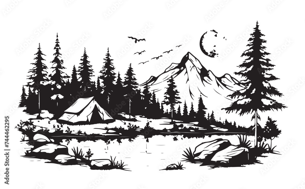 Camping in nature, Tent, Forests,  Hand drawn style, vector illustrations