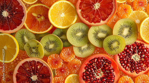 A visually striking composition of sliced kiwi  pomegranate seeds  and mandarin oranges  capturing the vibrant colors and diverse textures of a delightful fruit assortment.