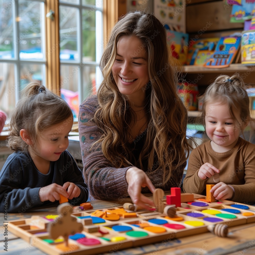 Fototapeta premium happy kindergarten teacher with small child in kindergarten