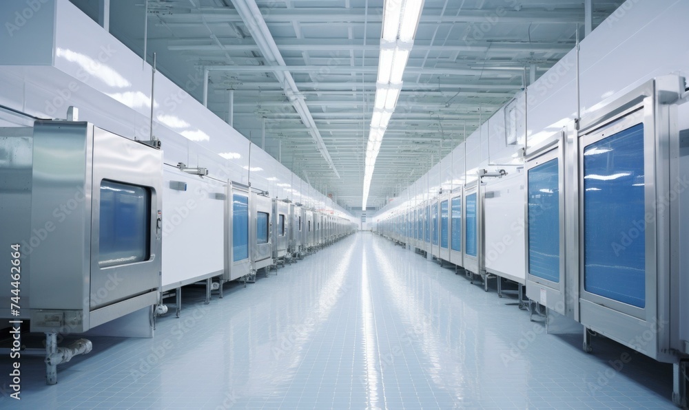 A long line of refrigerators in a factory. Generative AI. A long line of refrigerators in a factory. Generative AI.
