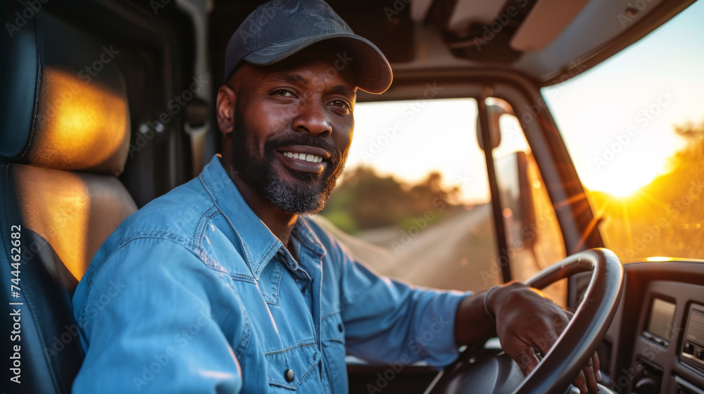 smiling bearded truck driver wearing a cap and a denim shirt is seated in the cab of a truck smiling bearded truck driver wearing a cap and a denim shirt is seated in the cab of a truck