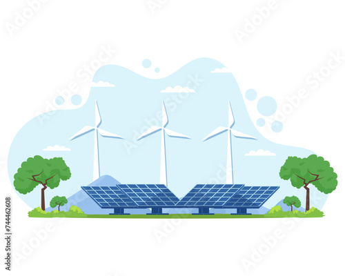 Solar panels and wind turbines Ecological sustainable energy supply in city Green renewable energy