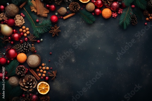 Overhead shot capturing the festive spirit with carefully arranged decorations, providing an attractive background with creative space for text placement.