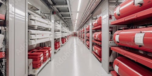 A long hallway with red and white storage containers. Generative AI. photo
