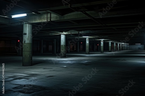An empty parking garage with concrete floors and pillars. Generative AI.